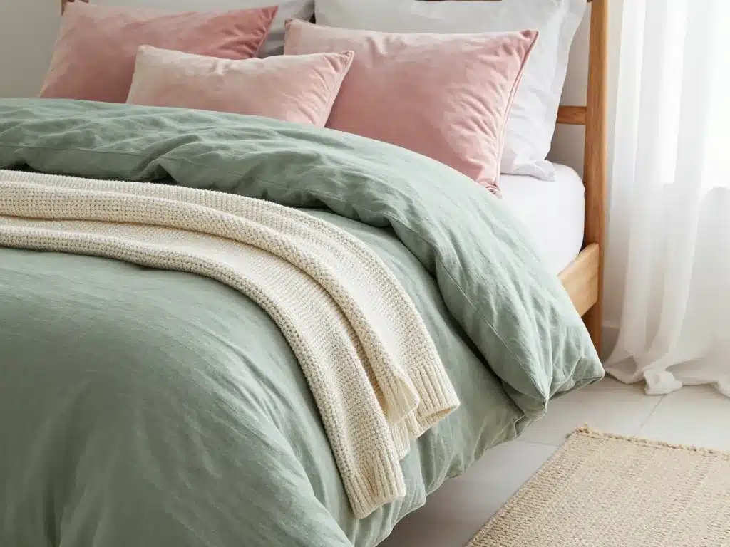 Textiles cocooning chambre vert sauge et rose