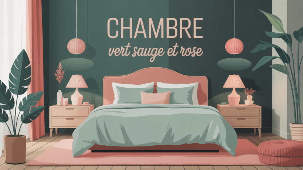 Chambre vert sauge et rose élégante, ambiance douce