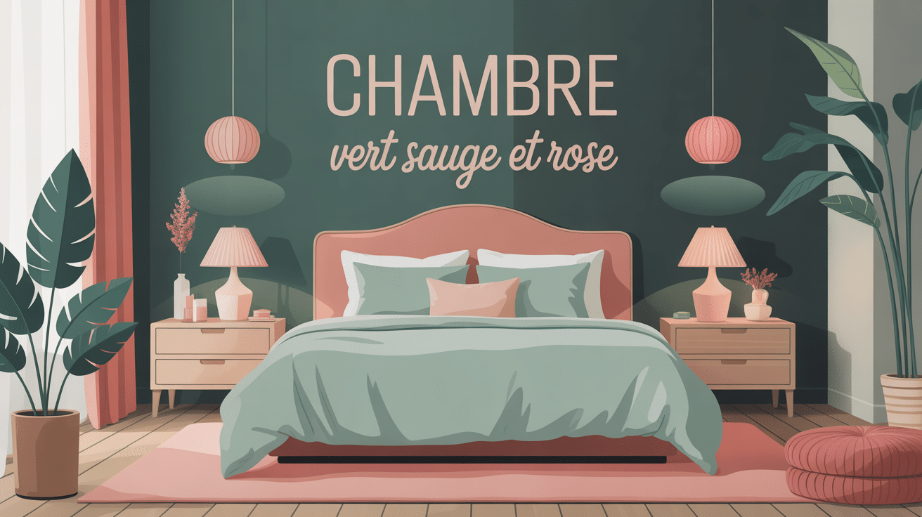 Chambre vert sauge et rose élégante, ambiance douce