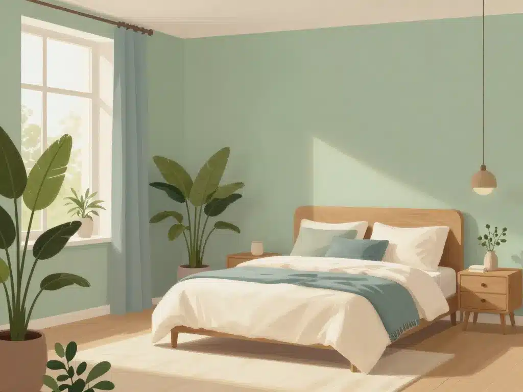 Ambiance reposante chambre à coucher avec couleurs tendance 2024, vert sauge, bleu grisé, beige