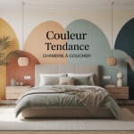 Chambre à coucher moderne aux couleurs tendance 2024, vert sauge, bleu grisé, beige