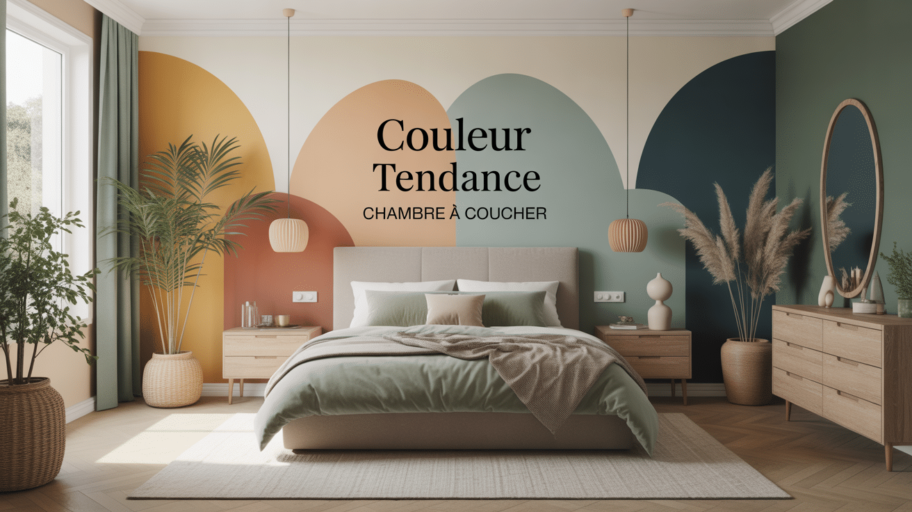 Chambre à coucher moderne aux couleurs tendance 2024, vert sauge, bleu grisé, beige