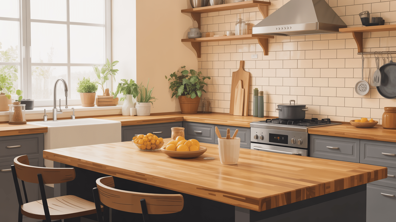 entretien plan de travail bois illustration cuisine chaleureuse