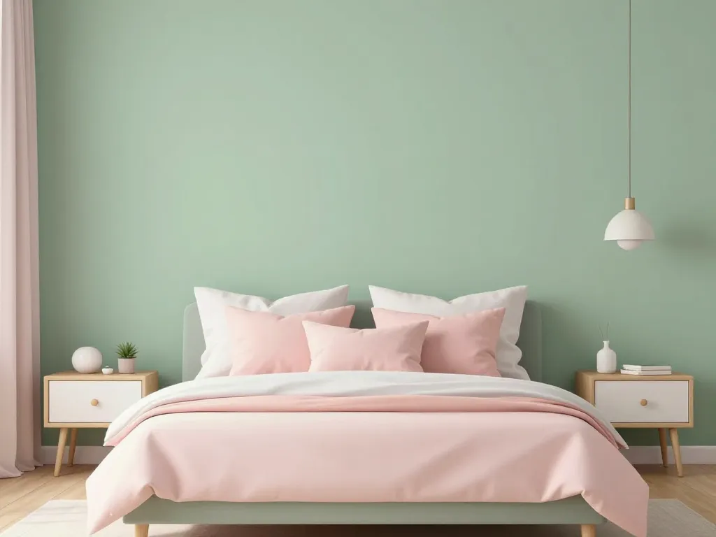 Harmonie des couleurs chambre vert sauge et rose