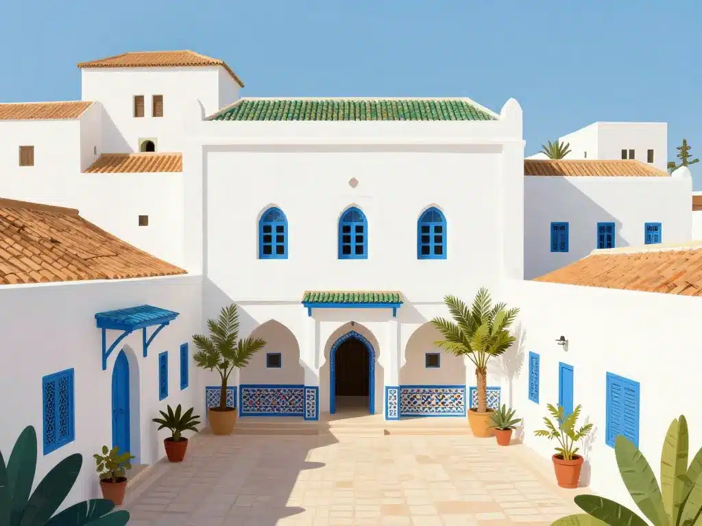 architecture maison tunisienne cour murs blancs toiture terrasse