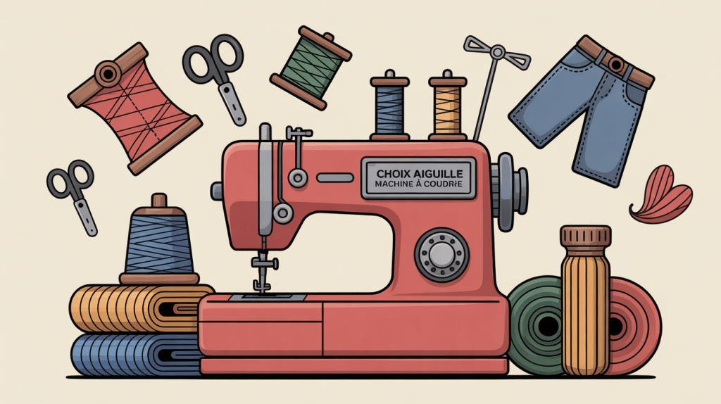 illustration machine à coudre avec différentes aiguilles et tissus