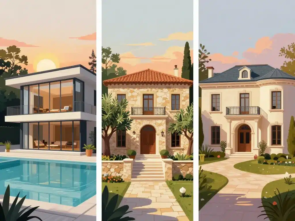 illustration villas de luxe modernes traditionnelles urbaines