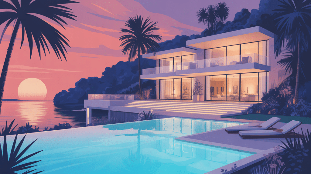 illustration villa de luxe élégante piscine bord de mer