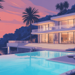 illustration villa de luxe élégante piscine bord de mer