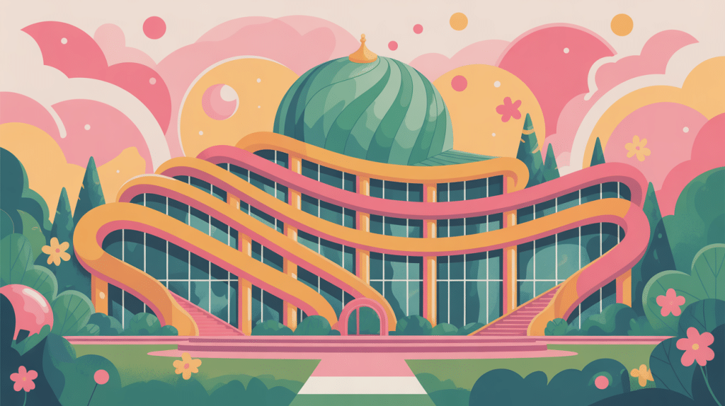 illustration stylisée waldspirale avec formes organiques et toit vert