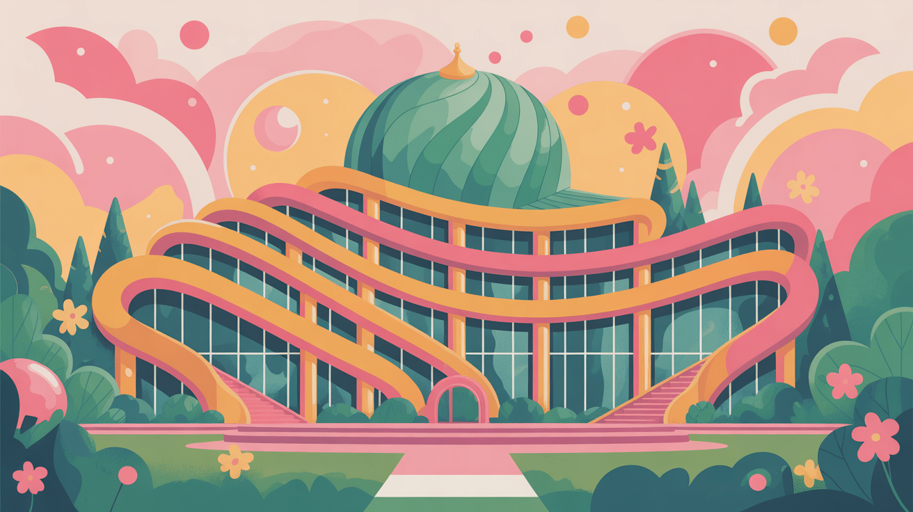 illustration stylisée waldspirale avec formes organiques et toit vert