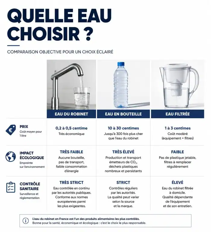Tableau comparatif des inconvénients de l'eau du robinet, eau en bouteille et eau filtrée