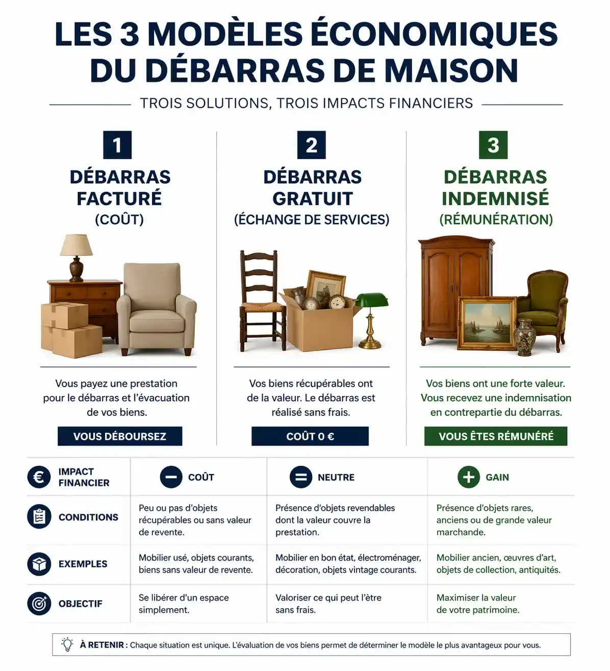 Infographie des trois modèles économiques de débarras de maison : facturé, gratuit et indemnisé.