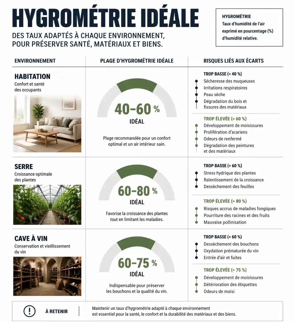 Infographie résumant les taux d'hygrométrie recommandés et les risques liés à l'humidité.