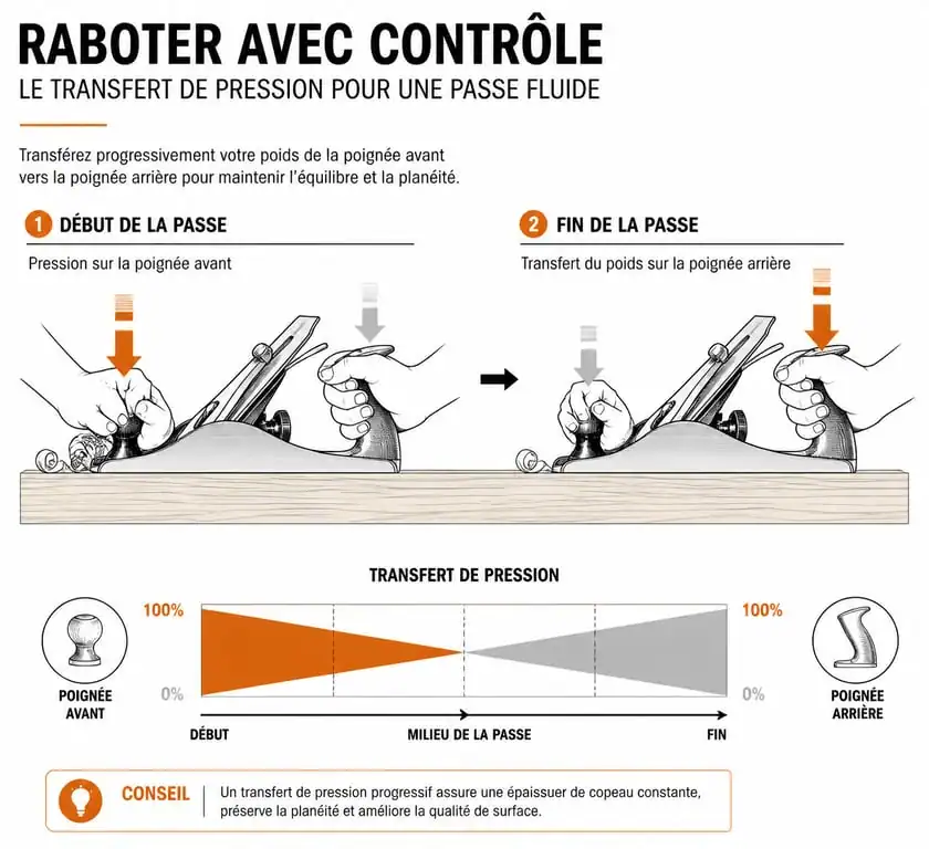 Schéma technique illustrant la technique de rabotage du bois et le transfert de pression