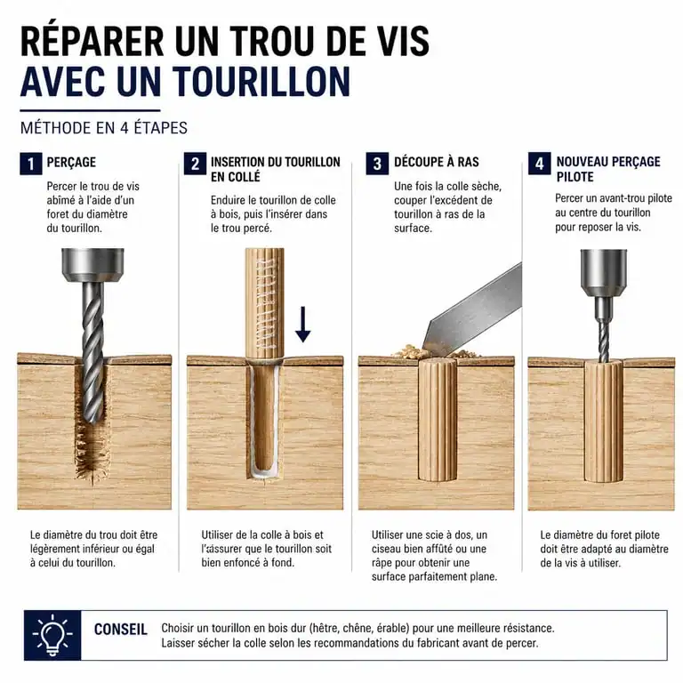 Schéma explicatif de la technique du tourillon pour réparer une vis qui tourne dans le bois