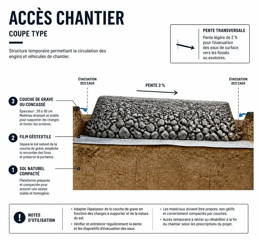 Schéma technique d'un accès chantier sécurisé et stabilisé