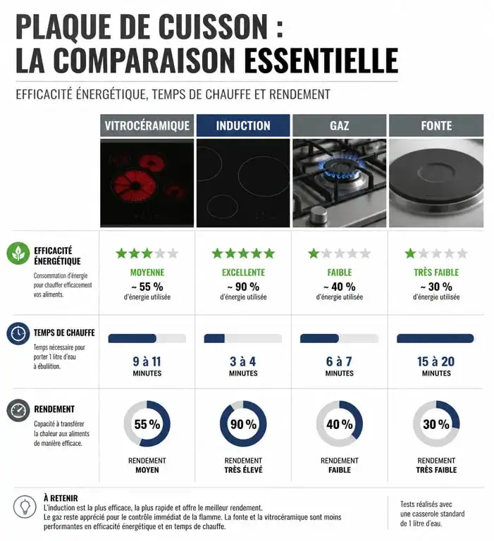 Comparatif de consommation électrique et efficacité entre plaque vitrocéramique, induction et gaz