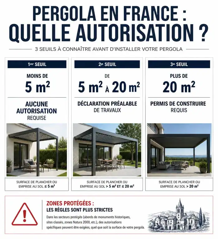 Infographie des seuils réglementaires pour l'installation d'une pergola démontable sans autorisation en France