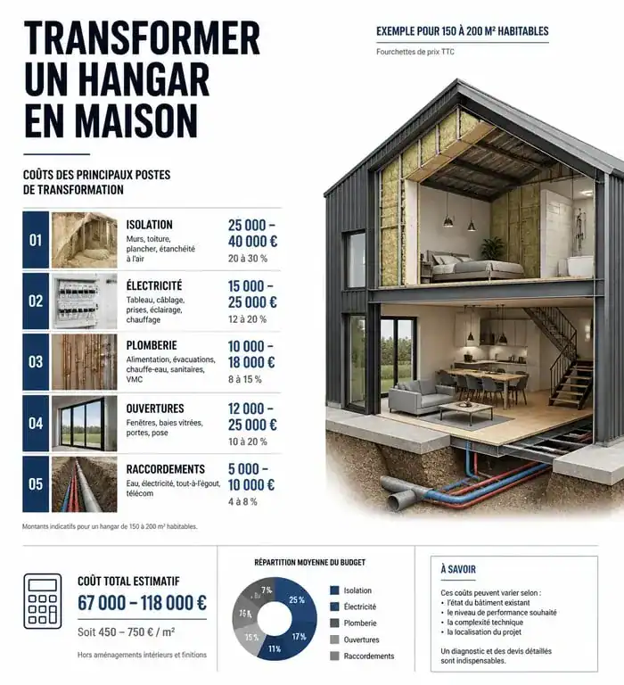 Répartition des coûts de rénovation pour un projet de hangar aménagé en maison