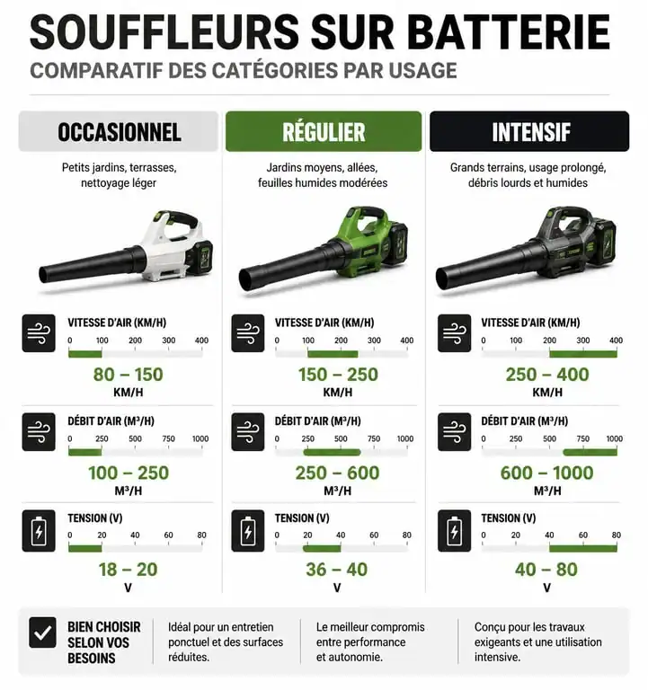 Infographie comparative des critères techniques pour choisir le meilleur souffleur sur batterie
