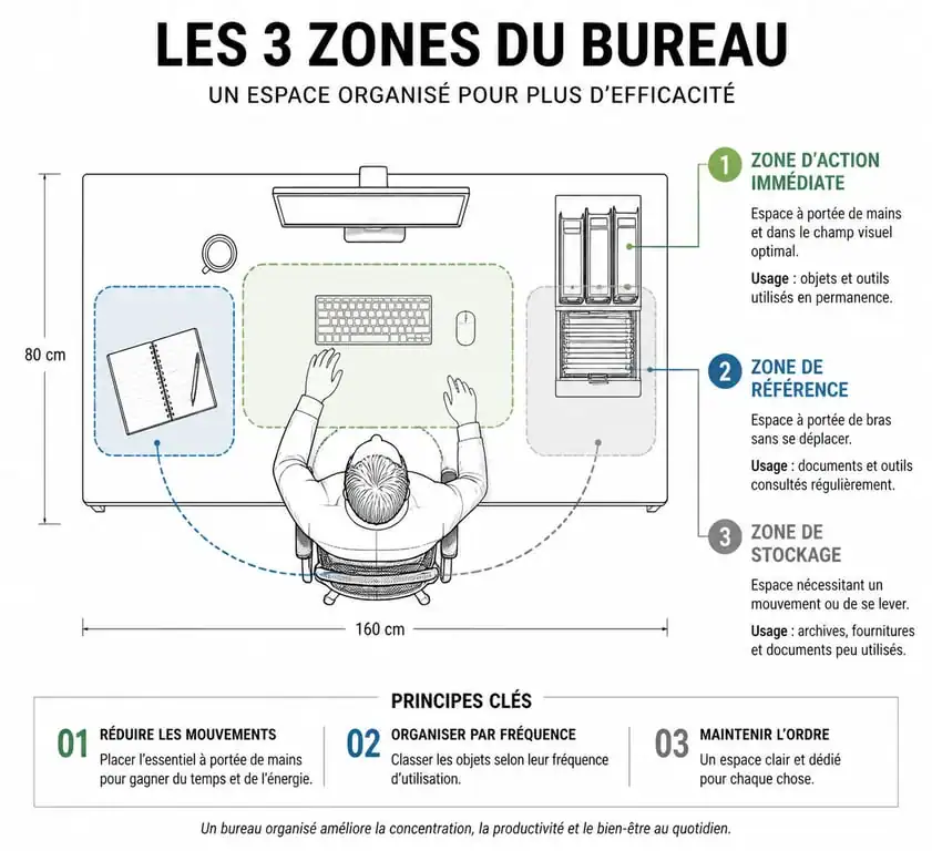 Infographie des zones d'organisation d'un bureau pour une productivité optimale