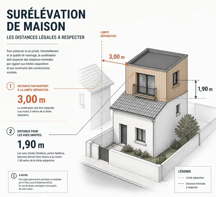 Schéma des distances légales pour une surélévation de maison et voisinage