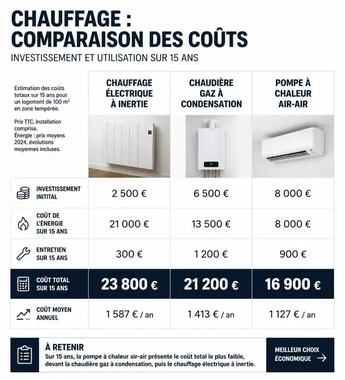 Comparatif des coûts d'investissement et d'utilisation du chauffage individuel électrique par rapport au gaz et à la pompe à chaleur