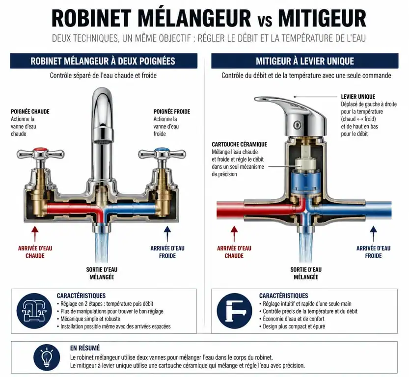 Schéma comparatif technique : robinet mélangeur cuisine vs mitigeur