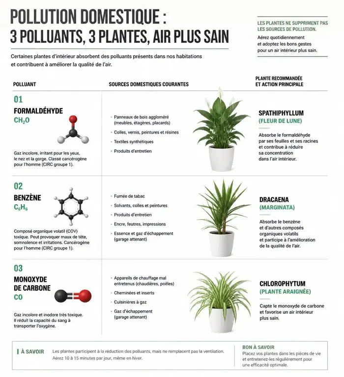 Infographie des plantes d'intérieur dépolluantes et des polluants qu'elles absorbent