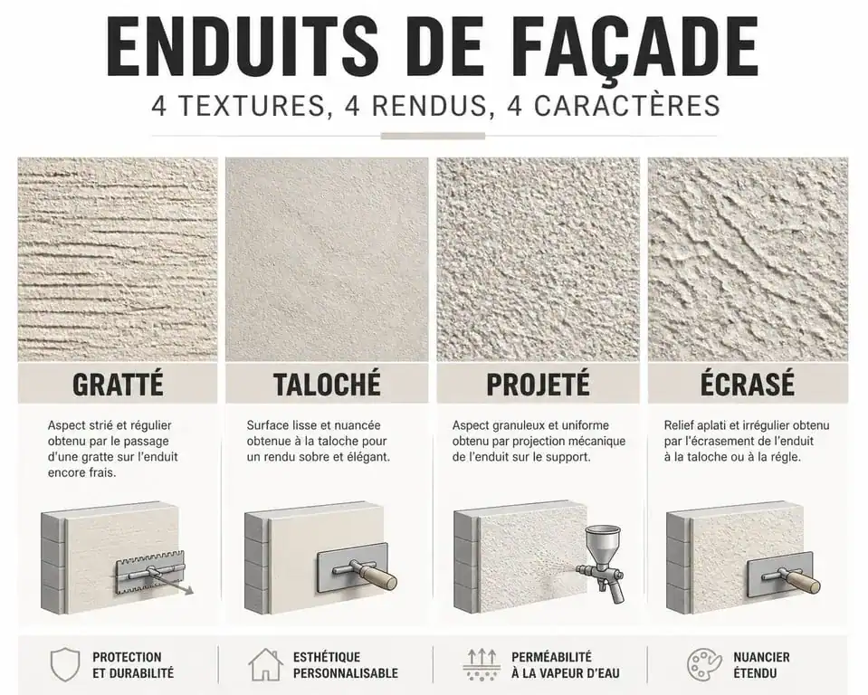 Comparatif visuel des finitions d'enduit de façade : gratté, taloché, projeté et écrasé
