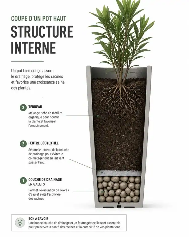 Schéma de plantation pour pot haut et étroit avec drainage et couches de terreau
