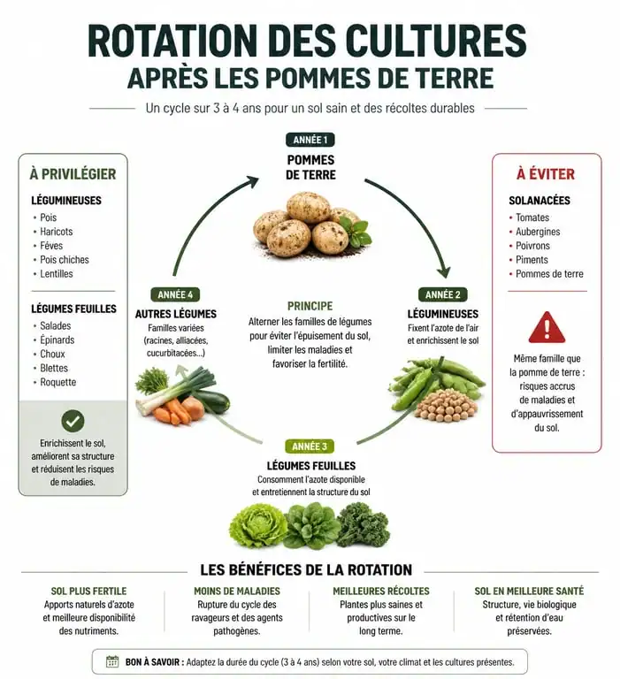 Infographie sur la rotation des cultures après les pommes de terre pour un potager sain