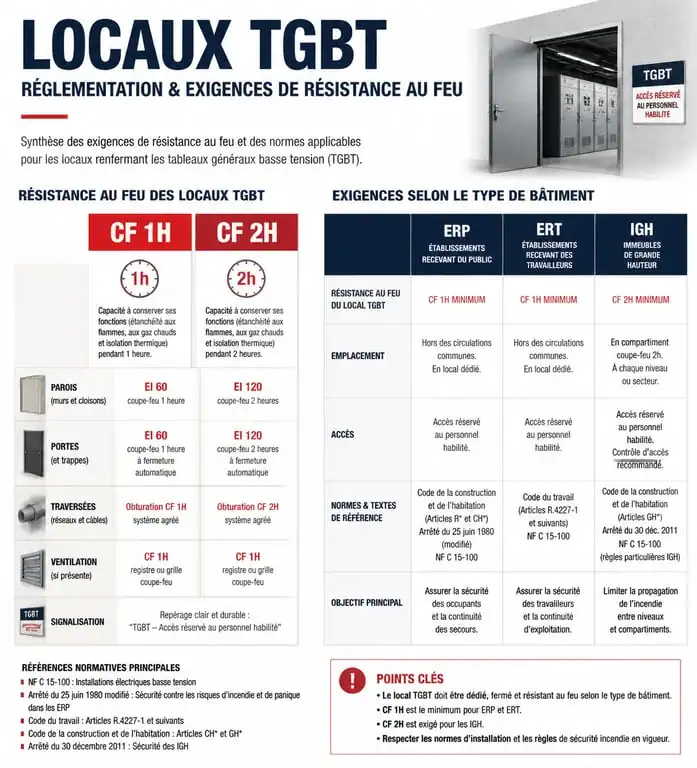 Infographie des normes de sécurité et isolement coupe-feu pour local TGBT en ERP et IGH