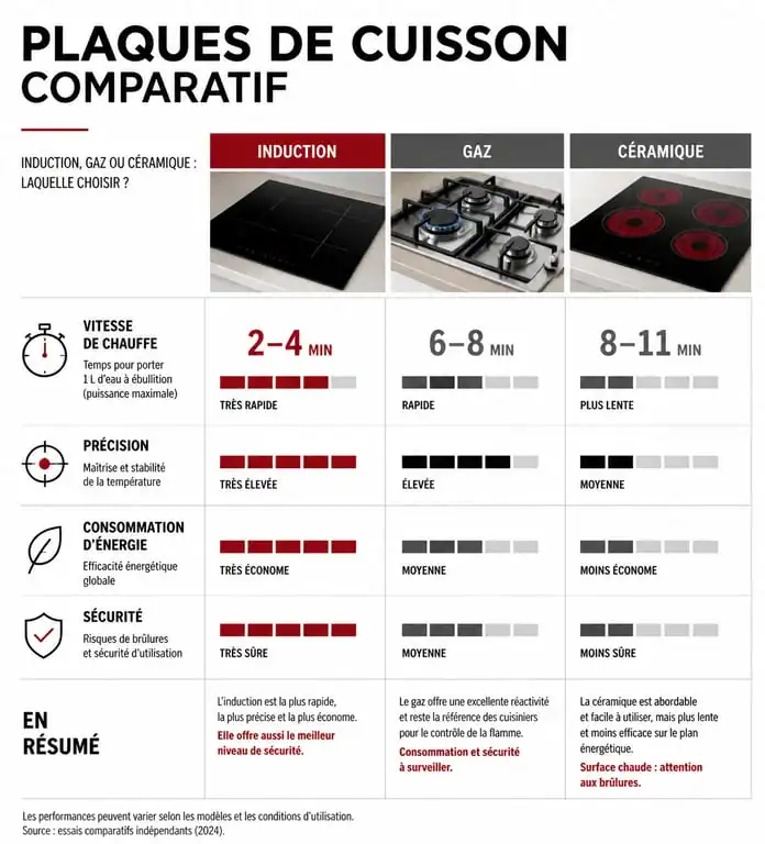 Infographie comparative des plaques de cuisson : induction, gaz et vitrocéramique pour vous aider à choisir la meilleure solution.