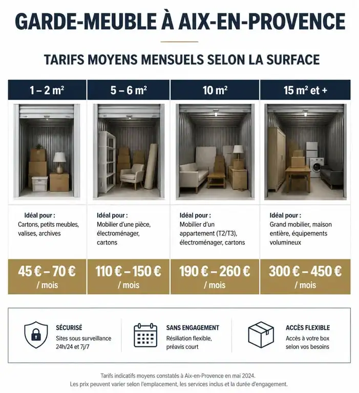 Tableau comparatif des tarifs de garde-meuble à Aix-en-Provence par surface