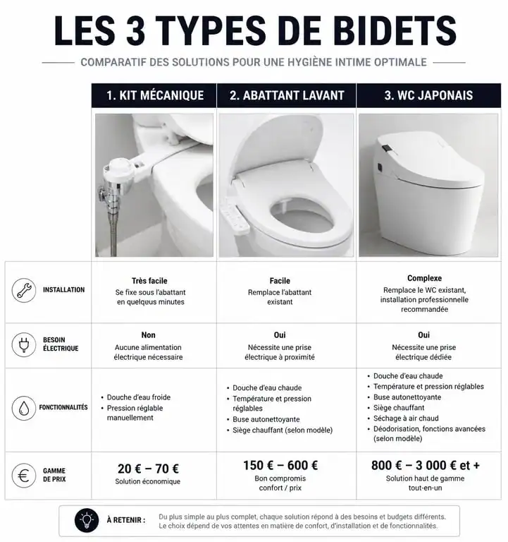 Comparatif des différents types de bidet toilet bidet : kit mécanique, abattant lavant et WC japonais