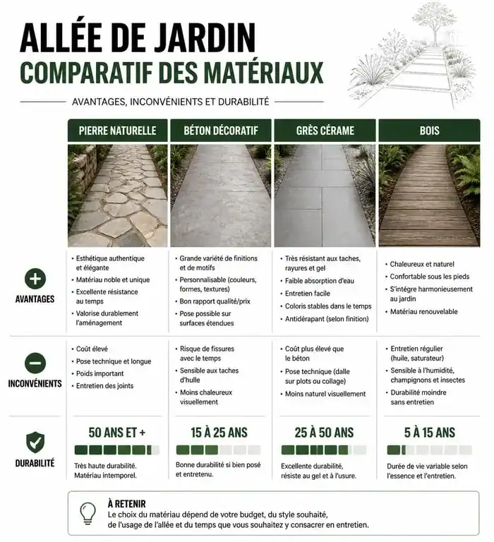 Comparatif des matériaux pour dalle d'allée de jardin : pierre, béton, grès cérame et bois
