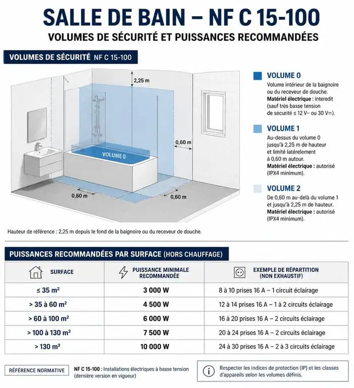 Schéma des volumes de sécurité NF C 15-100 et guide de puissance pour radiateur de salle de bain