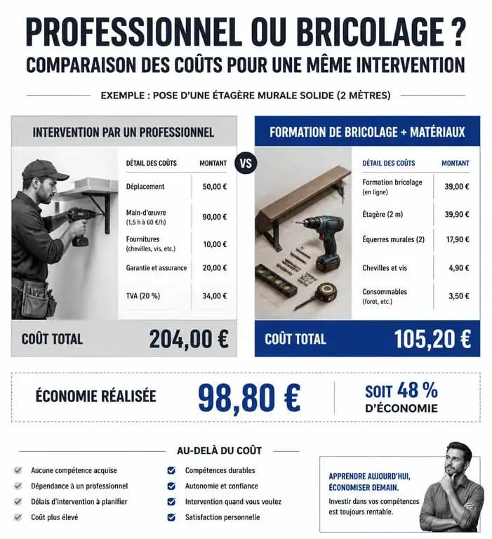 Infographie comparant le prix d'une formation bricolage LeLabDuBricoleur et les économies réalisées sur les travaux