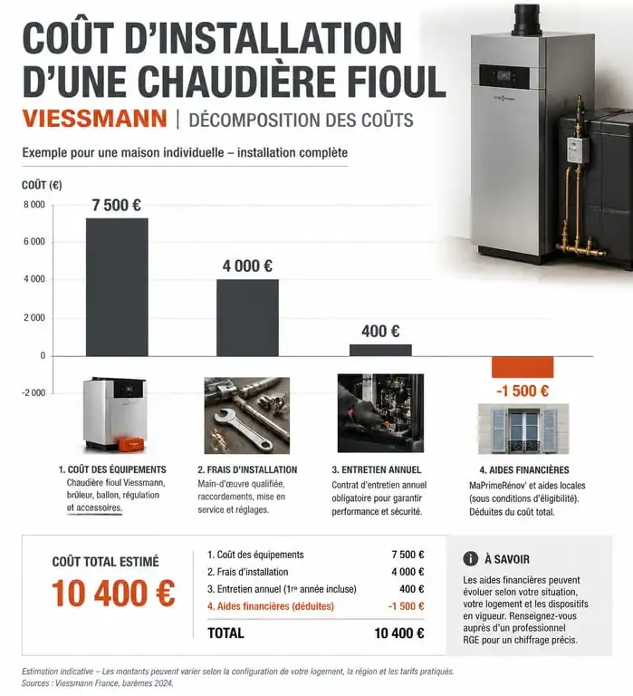 Infographie du budget global pour une chaudière fioul Viessmann : prix, installation et aides