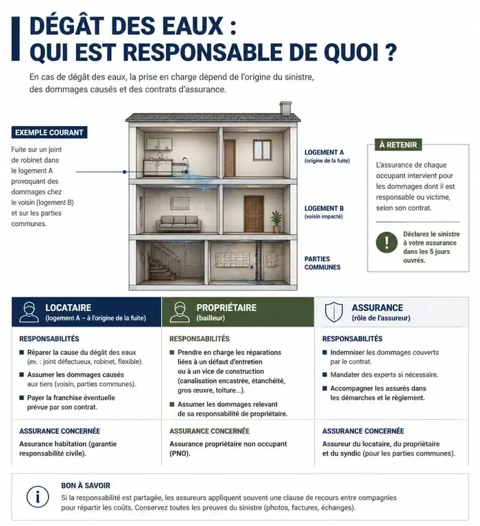 Infographie répartition responsabilités dégât des eaux joint défectueux assurance