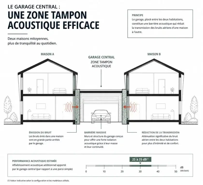 Schéma de maison mitoyenne par le garage montrant l'isolation phonique