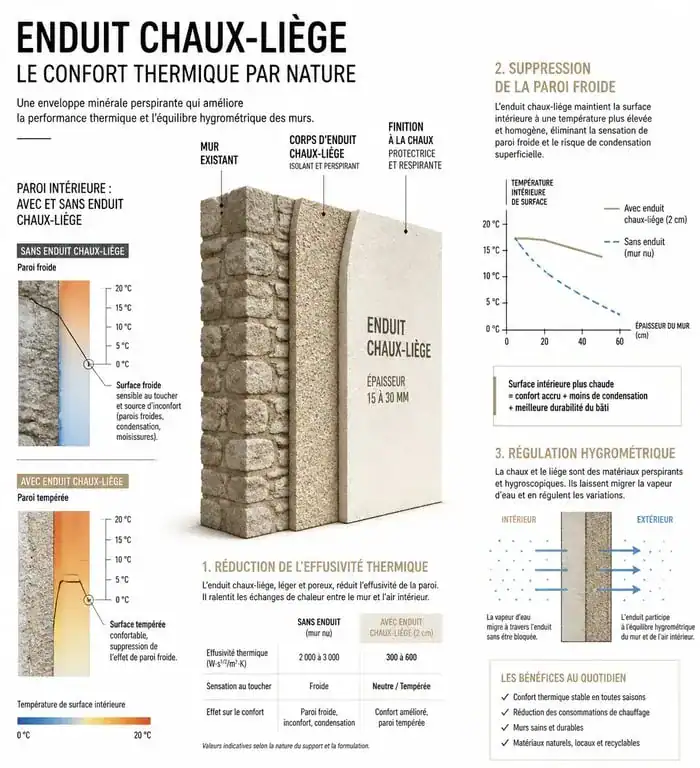 Schéma technique du fonctionnement thermique et hygrométrique d'un enduit chaux-liège