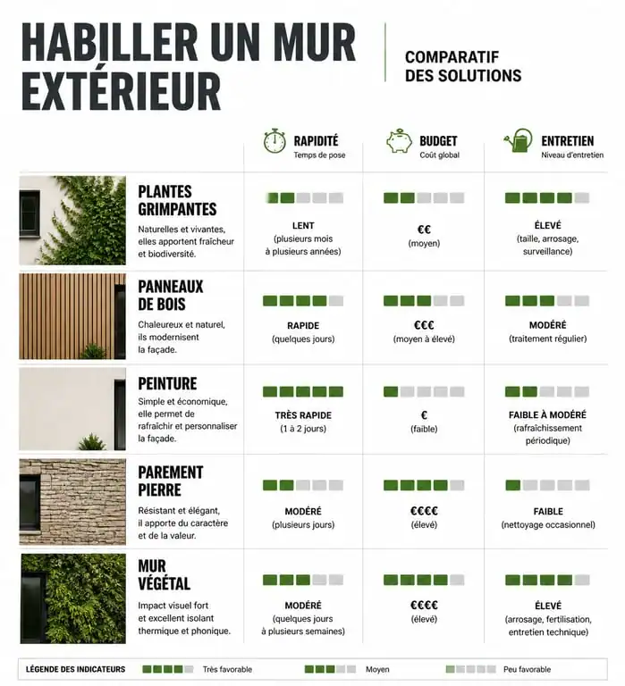 Infographie comparative des solutions pour cacher un mur extérieur : plantes, bois, peinture, pierre.