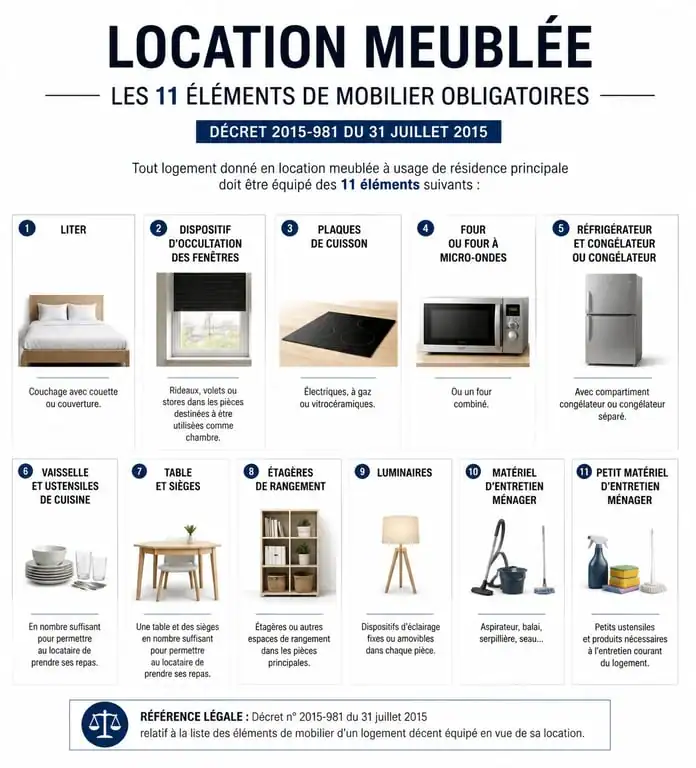 Infographie liste mobilier obligatoire location meublée conforme décret 2015-981