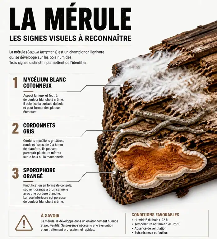 Signes visuels de la mérule pleureuse sur le bois : mycélium, cordonnets et sporophore pour identification
