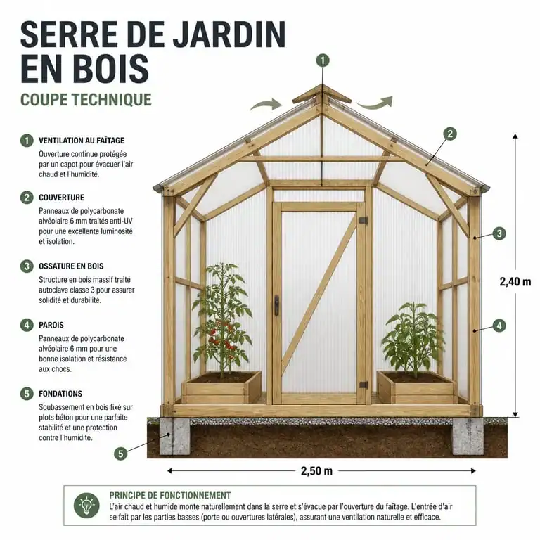 Schéma technique des composants d'une serre en bois pour jardin