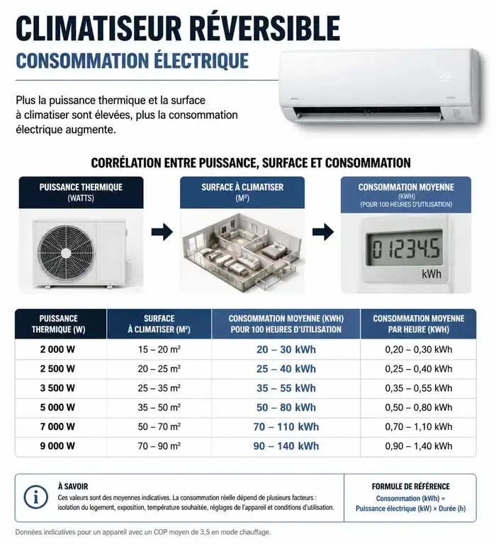 Infographie consommation électrique climatiseur réversible par puissance et surface