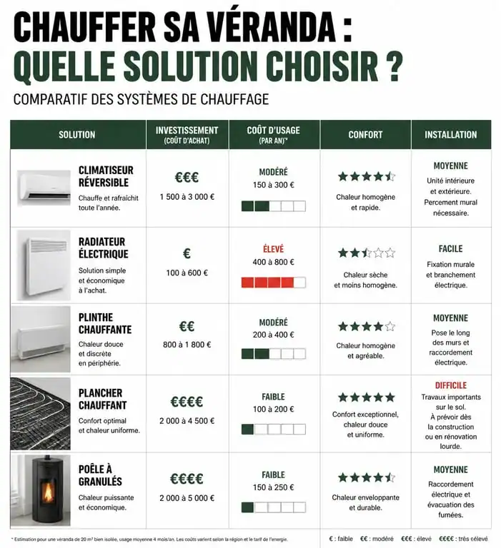 Tableau comparatif des solutions de chauffage pour véranda : PAC, radiateur, poêle, plancher chauffant et vitrage chauffant.
